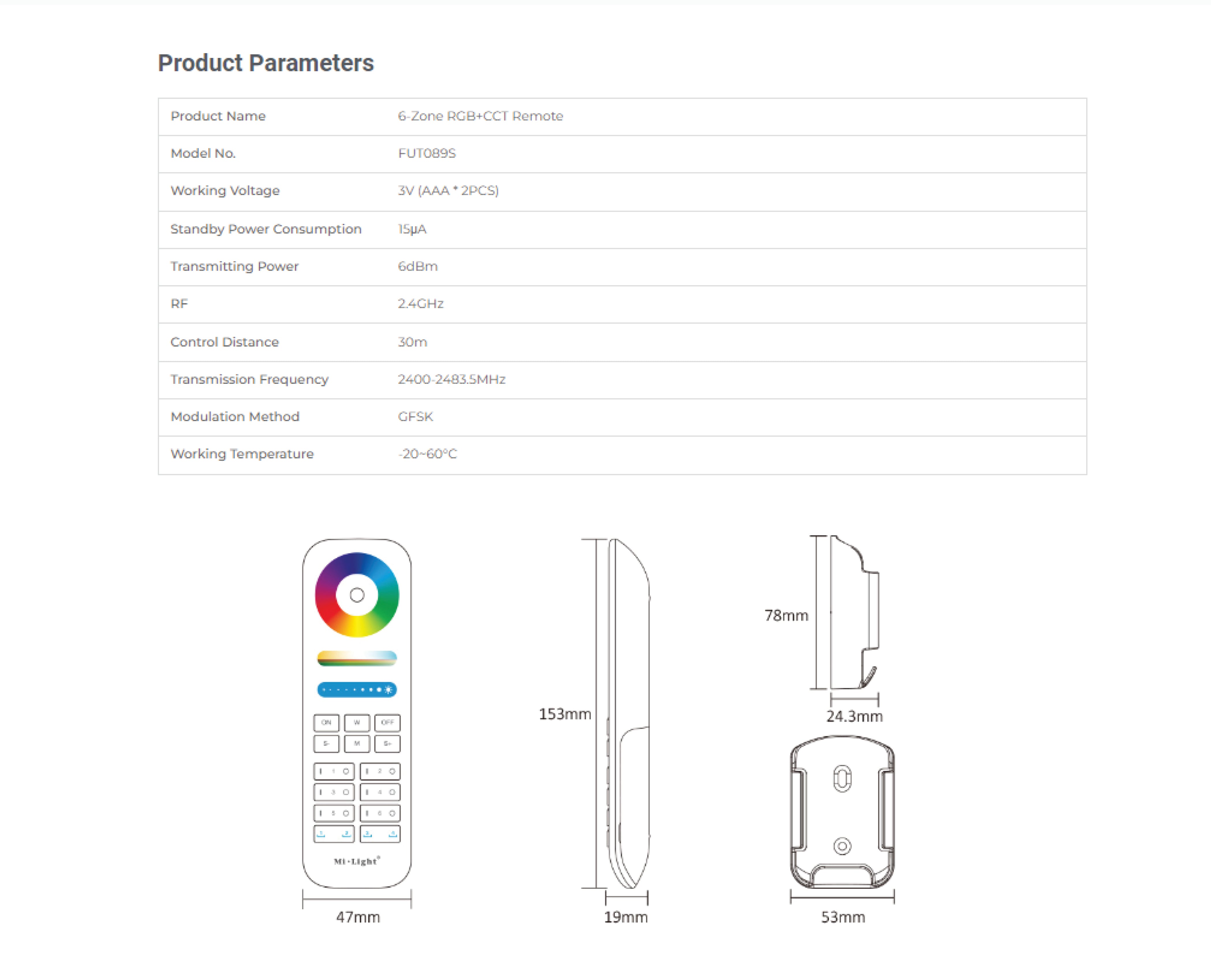 2.4GHz RF 6-Zone RGB + CCT Strip Light Remote Unit