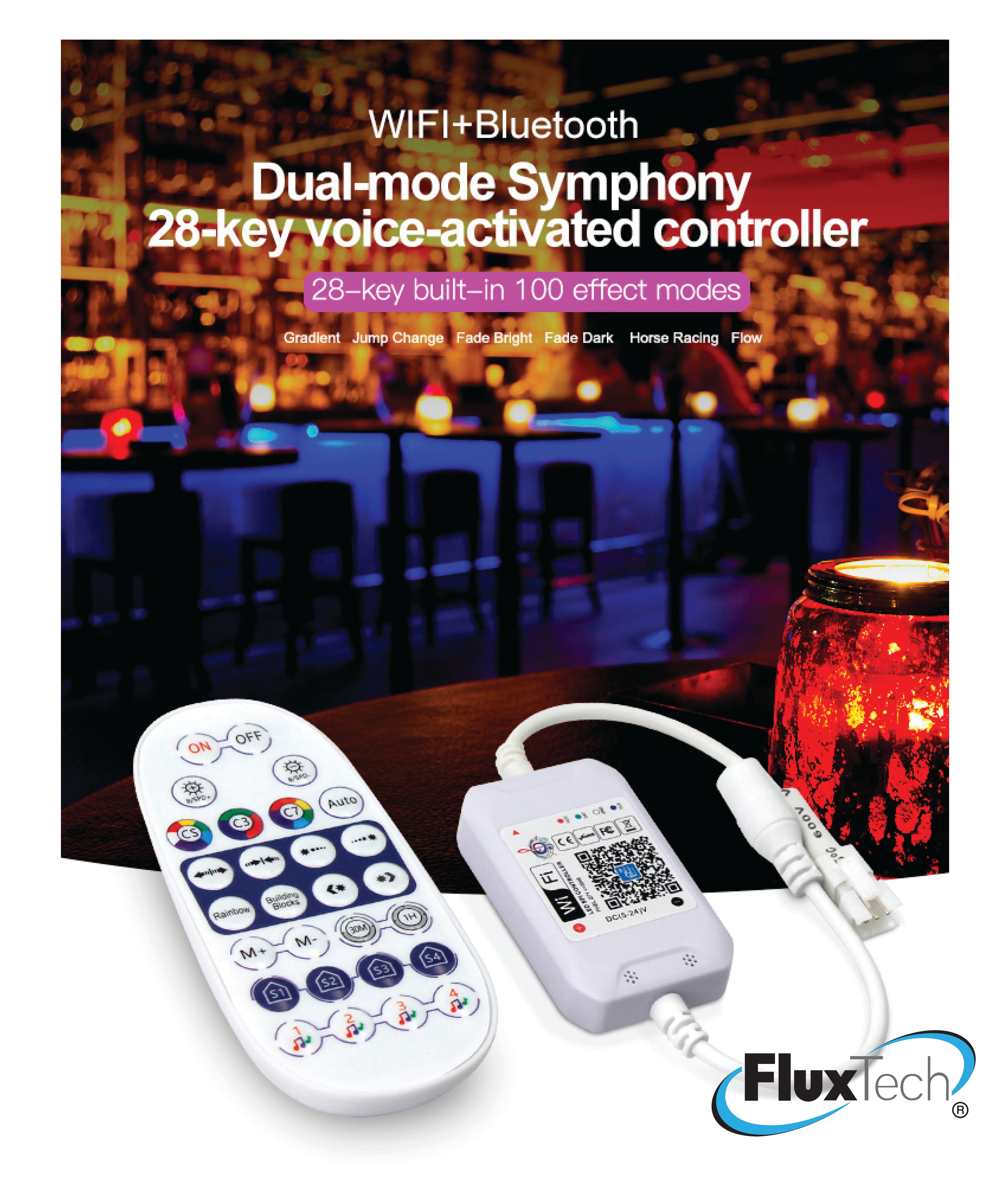 Flame Tech Control Led FluxTech ® WiFi Smart Pixel LED Strip Controller with 28 Key Controlle ...