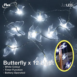 FluxTech - Fairy Butterfly 12 x White Colour LED String Lights by JustLED – Timer function - Battery Operated