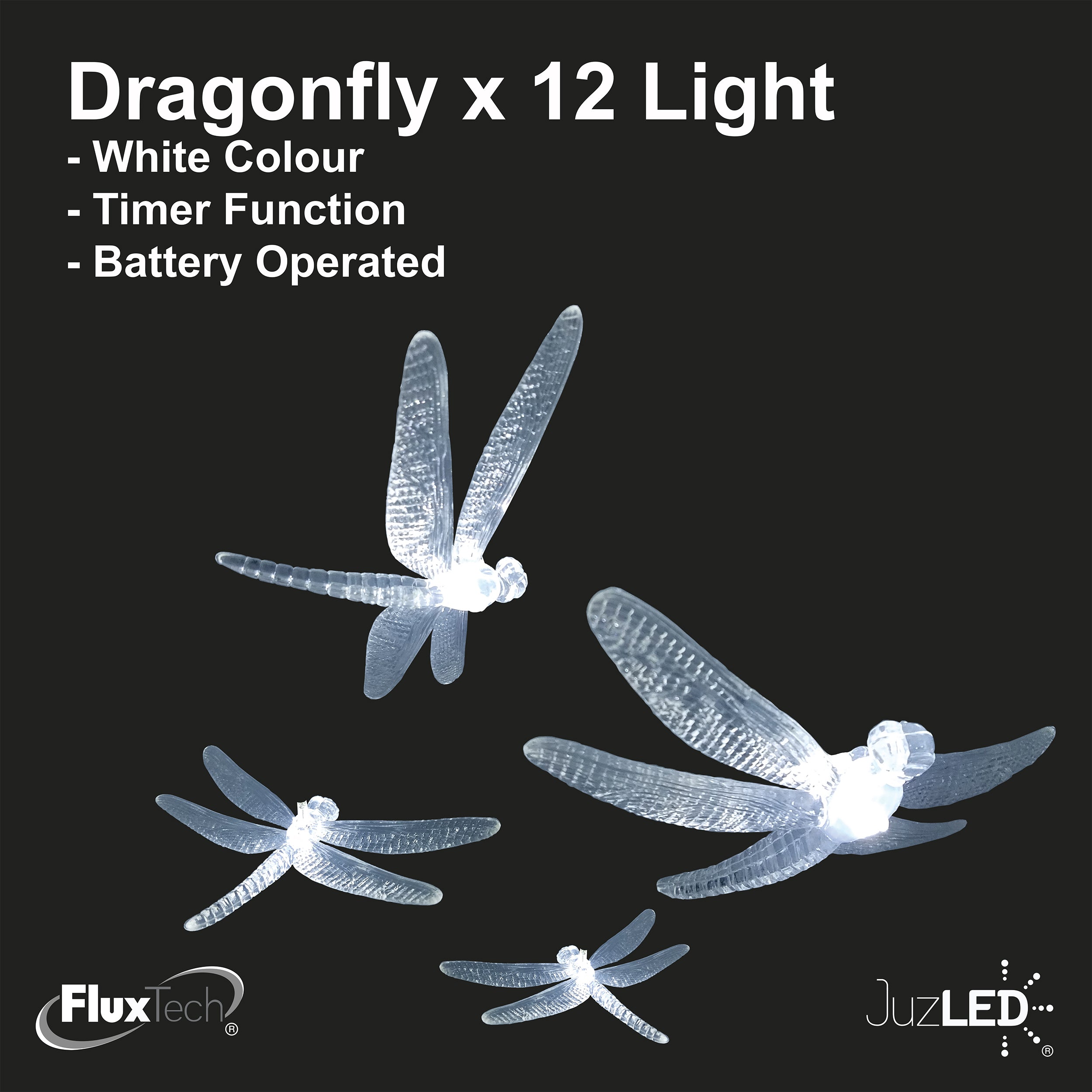 FluxTech - Fairy Dragonfly 12 x White Colour LED String Lights by JustLED – Timer function - Battery Operated