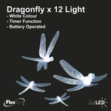 FluxTech - Fairy Dragonfly 12 x White Colour LED String Lights by JustLED – Timer function - Battery Operated