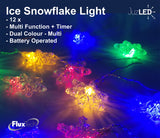 FluxTech - Ice Snowflake 12 x Dual Colour LED String Lights by JustLED – Multi-function Effect – Timer function - Battery Operated