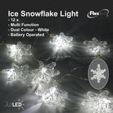 FluxTech - Ice Snowflake 12 x Dual Colour LED String Lights by JustLED – Multi-function Effect – Timer function - Battery Operated