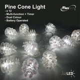 FluxTech - Sparkling Pine Cone 12 x Dual Colour LED String Lights by JustLED – Multi-function Effect – Timer function - Battery Operated