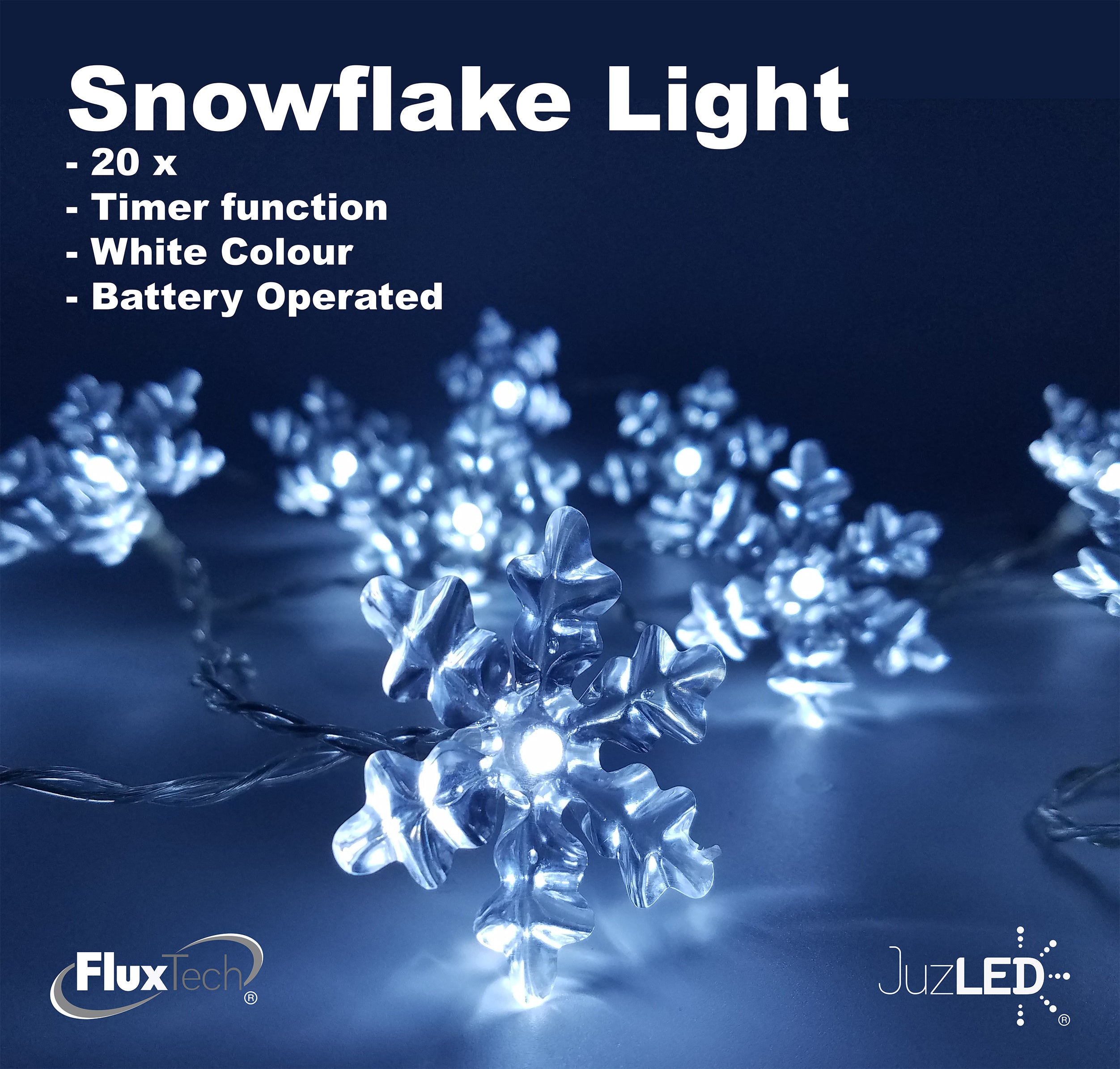 FluxTech - Snowflake x 20 Cool White LED Lights by JustLED – Timer function - Battery Operated