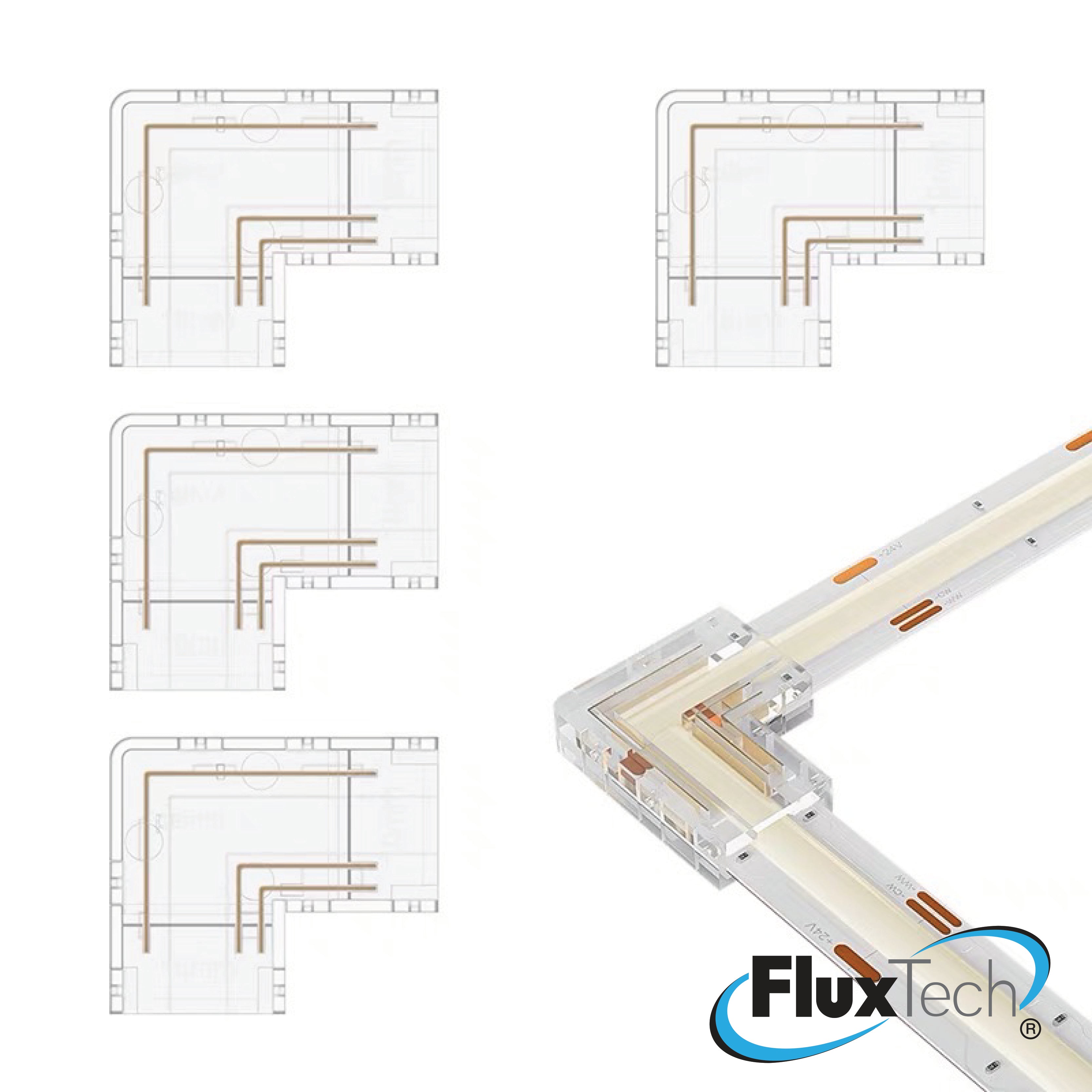 FluxTech - L Shape Re-useable Gapless Solderless COB LED 2 Pin / 3 Pin / 4 Pin 10mm Strip Connectors