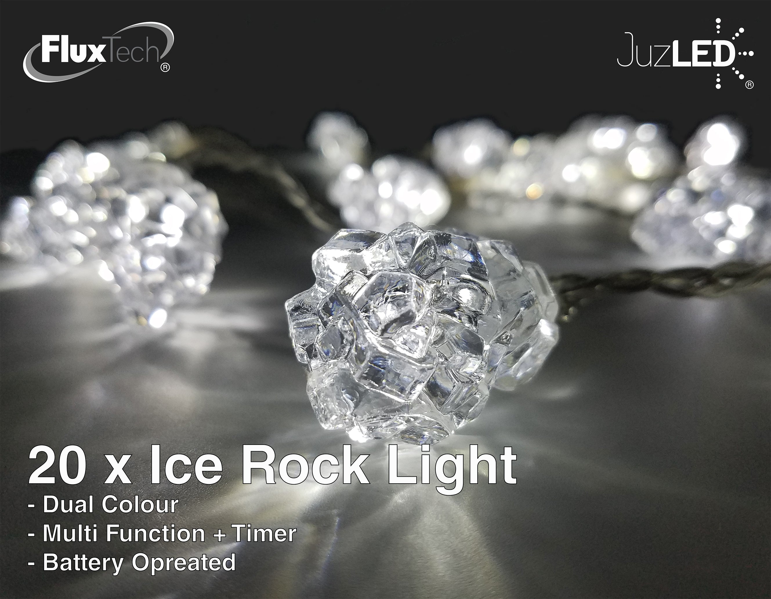 FluxTech - Ice Rock 20 x Dual Colour LED Lights by JustLED – Multi-function Effect – Timer function - Battery Operated