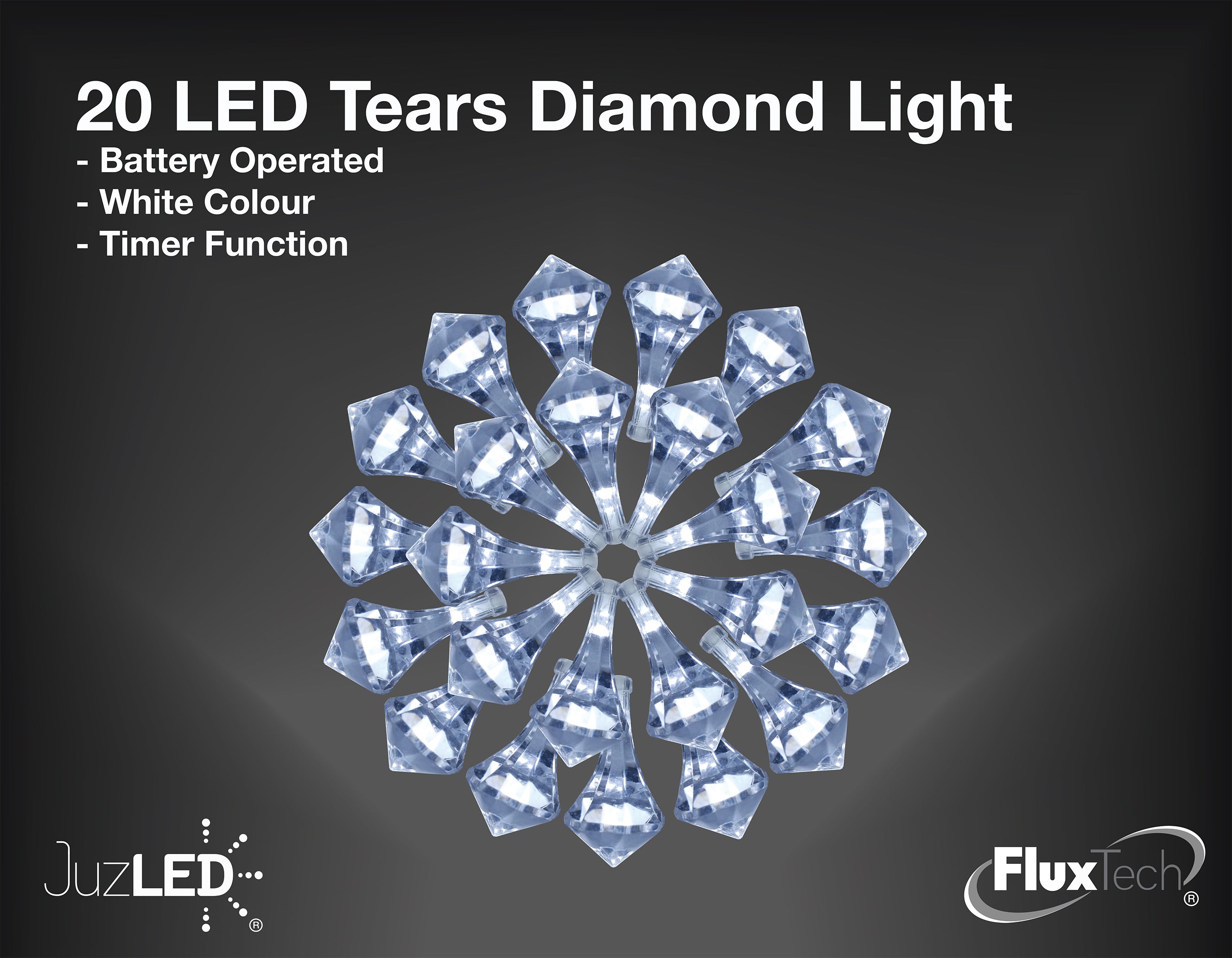 FluxTech - Tears Diamond x 20 Cool White LED Lights by JustLED – Timer function - Battery Operated