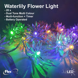 FluxTech - Sparkling Waterlily Flower 20 x Dual Colour LED String Lights by JustLED – Multi-function Effect – Timer function - Battery Operated
