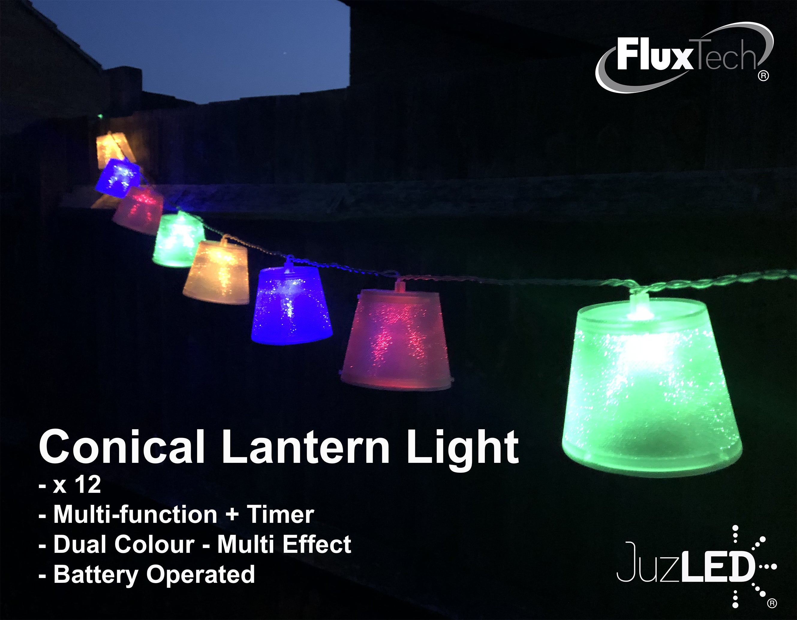 FluxTech - Conical Lantern 20 x Dual Colour LED String Lights by JustLED – Multi-function Effect – Timer function - Battery Operated