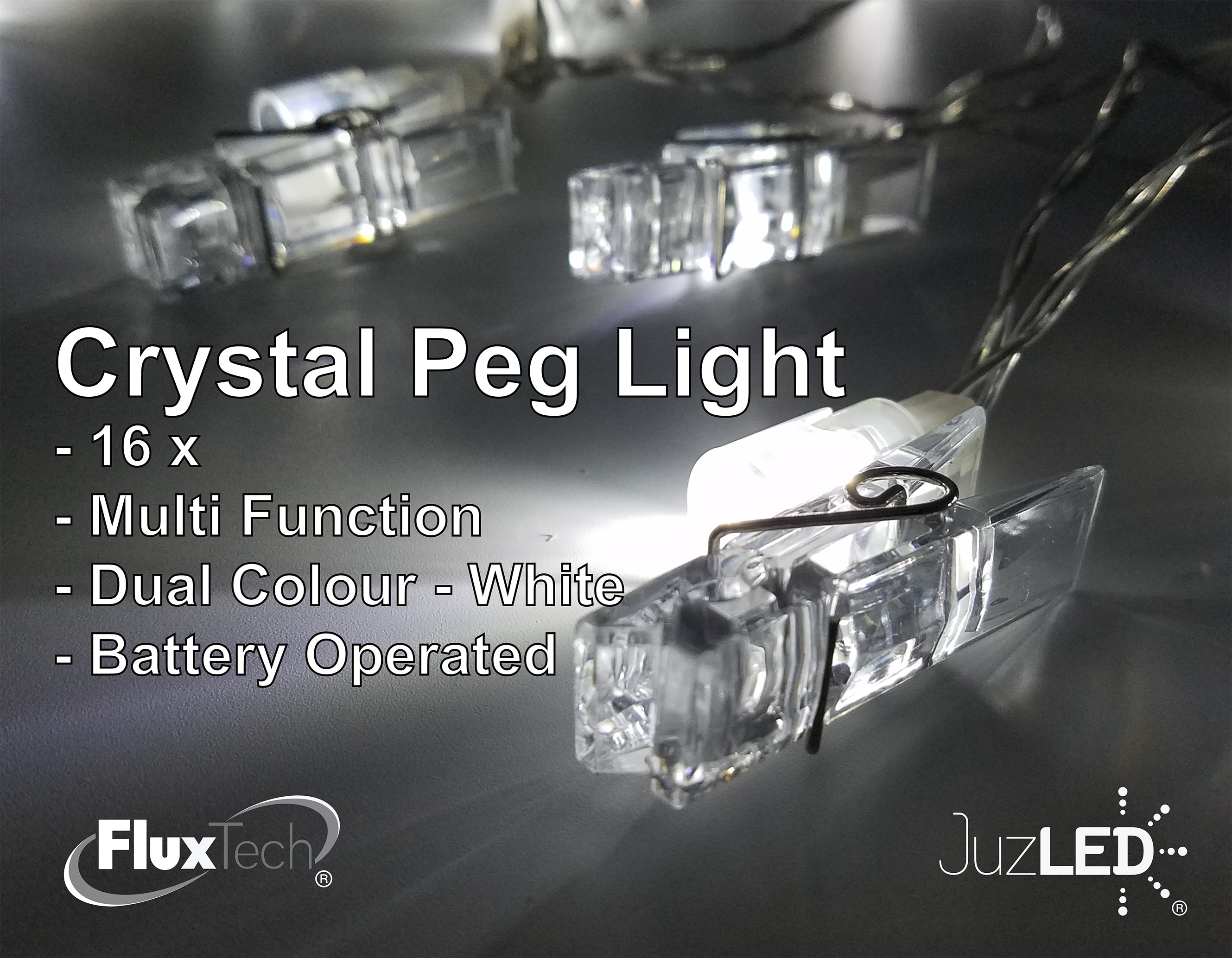FluxTech - Crystal Peg 16 x Dual Colour LED String Lights by JustLED – Multi-function Effect – Timer function - Battery Operated